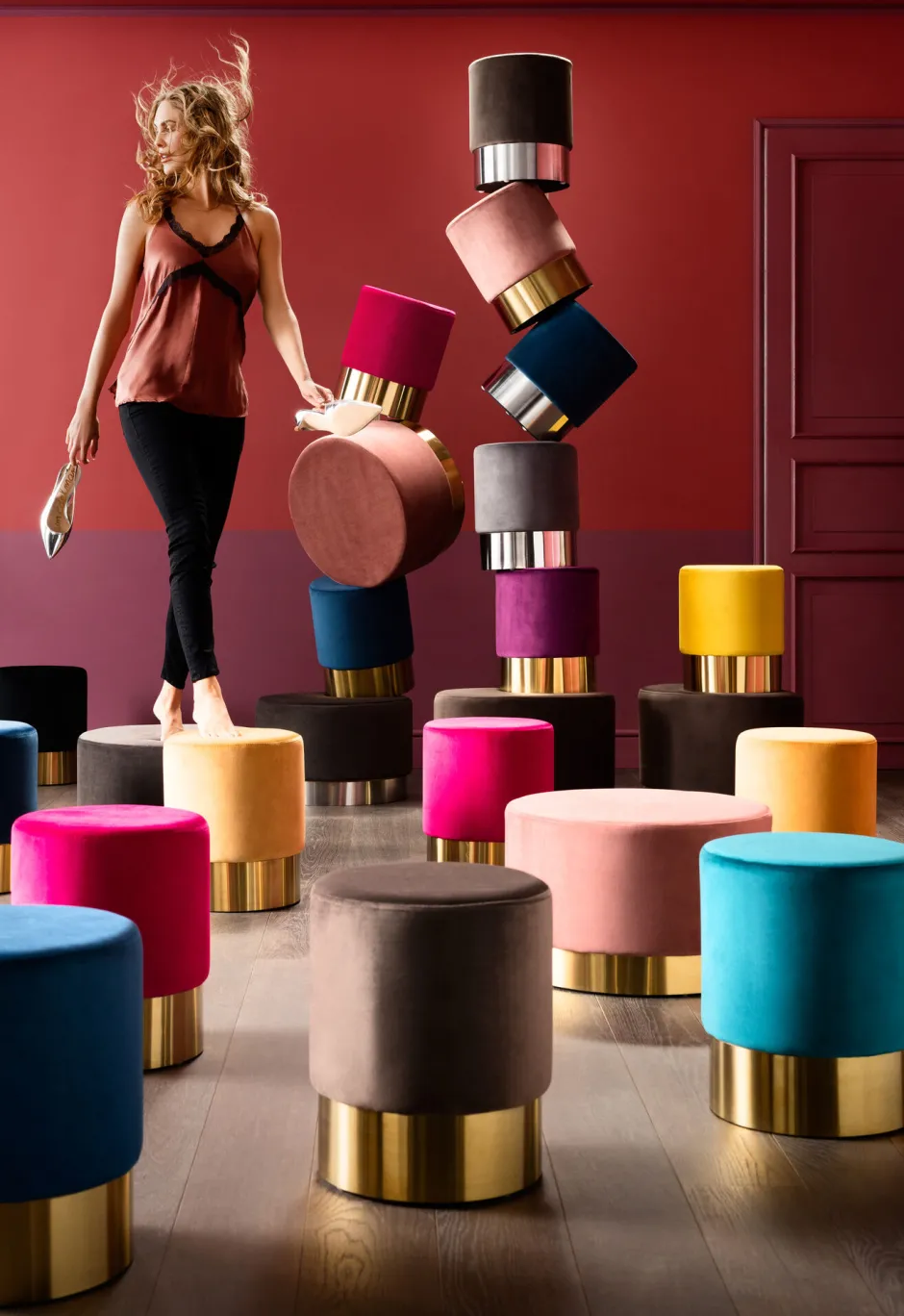 KARE Hocker Cherry Hellgrau Silver Ø35cm